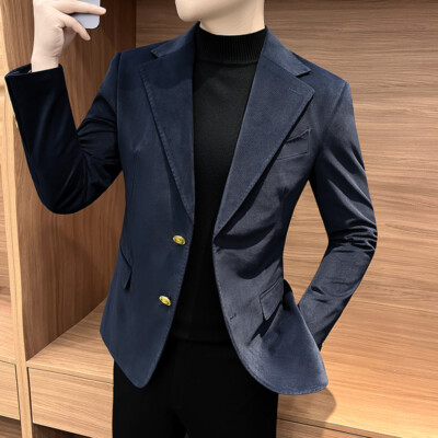Corduroy Suit Jacket Mens Spring Stylish Formal Wear Korean Slim Fit Casual  Coat | eBay