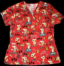 Rudolph The Red Nose Reindeer Scrub Top Shirt Women's Medium