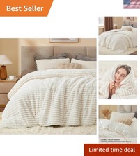 Fleece Queen Comforter Set -Super Soft  Warm Fluffy Cream White Bedding, Lux...