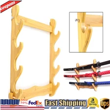 4 Tier Wall Mount Wooden Rack Natural Wood Finish Sword Storage Shelf Holder