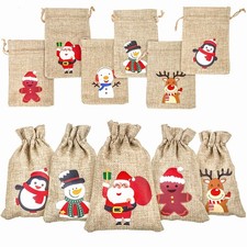 12Pcs Christmas Jute Burlap Gift Bags with Drawstring, Small Craft Canvas Goodie