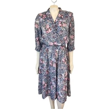 Vintage CALIFORNIA LOOKS Pearl Button Belted Lightweight Floral Dress WOMEN'S 12