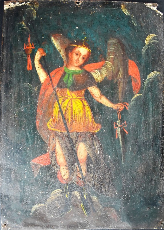 Antique 19th C. Spanish Colonial Retablo on tin - San Rafael