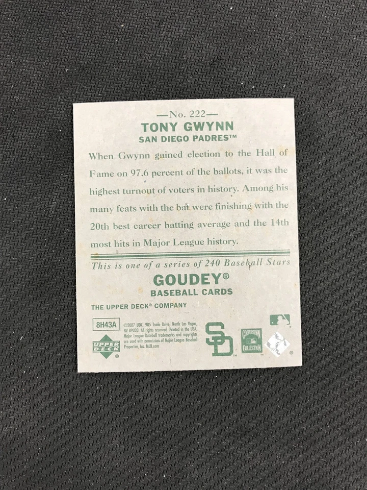 Upper Deck Goudey #222 2007 Tony Gwynn San Diego Padres Foto 2 de 2
