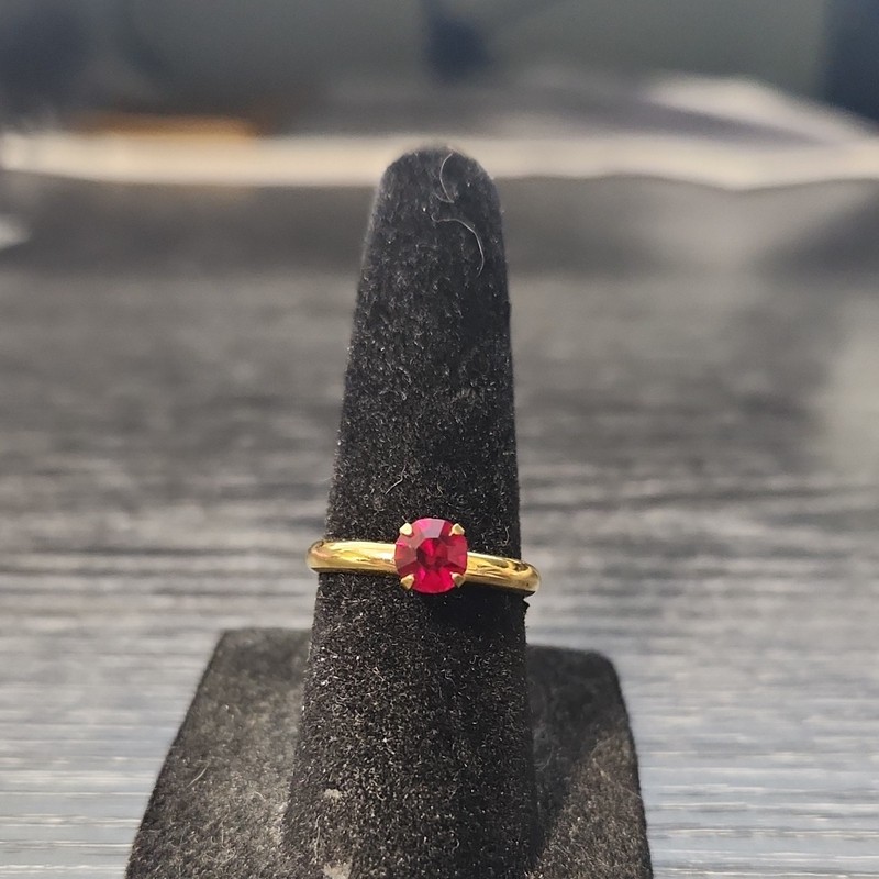 Gold Plated Solitaire Ring with Round ruby Stone Prong Setting Size 5