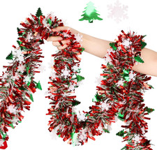32.8 Feet Christmas Tinsel Garland with Snowflake and Christmas Trees,Red Met...