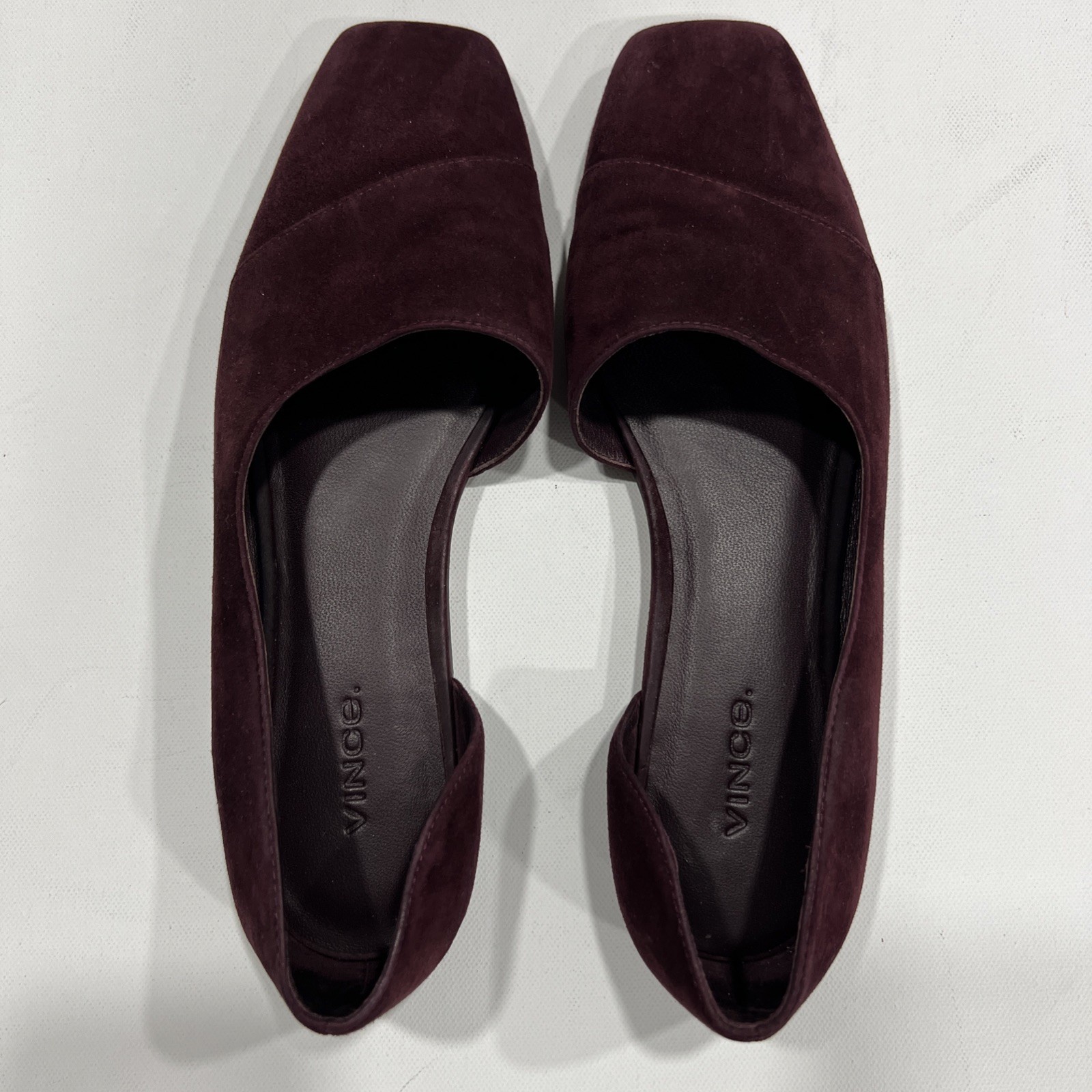 Vince Women’s Cyder Suede Flat Size 8M Leather Soles Square Toe Shoes Black Plum