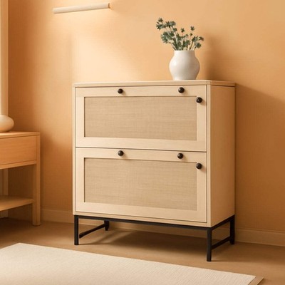 Two Drawer Rattan File Cabinet With Lock, Printer Stand And Adjustable Bars For