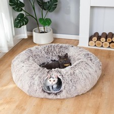 LUCKITTY Warm Fluffy Plush Cat Tunnel Bed Under Christmas Bed, Brown