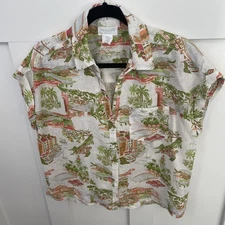 Cynthia Rowley 100% Linen Cap Sleeve Blouse-Venice Theme Pattern-Medium-Button