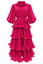 Pink Solid Collared Button-Front Belted Ruffle Tiered Maxi Dress One Size