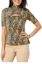 DG2 Women's Mock-Neck Top w/ Chest Keyhole Natural Cheetah