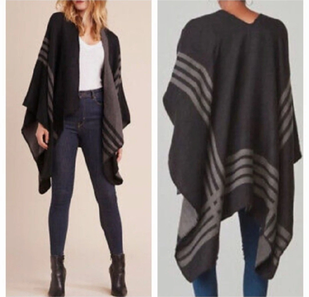 BB Dakota O/S Reversible Open Front Poncho Wrap Boho Western Charcoal Gray NWT