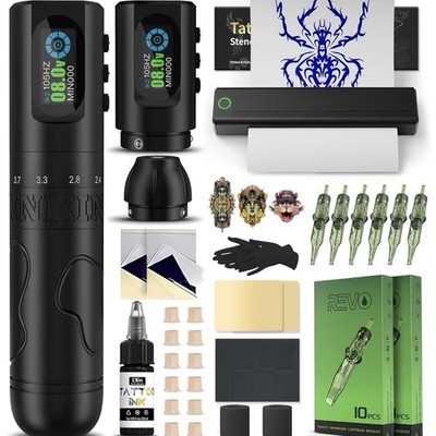 INKin InkFlexo Wireless Tattoo Kit: Machine + 2 Batteries +Supplies +A4 Printer