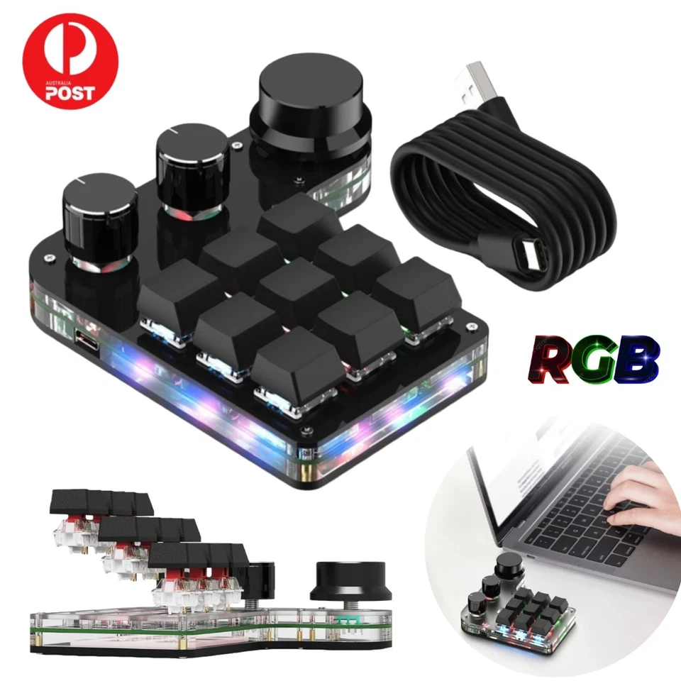 Mini Programmable Macro Keyboard Wired Gaming Keypad Custom 9 Keys 3 Knob RGB AU
