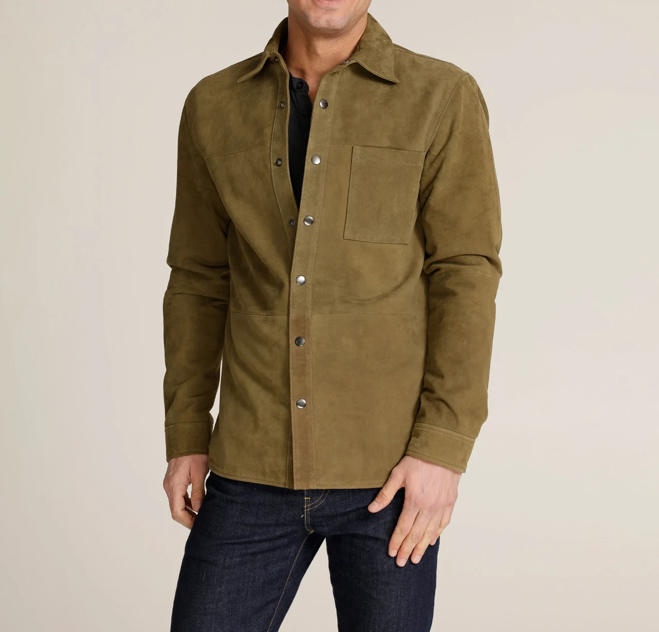 Leather Shirt Jacket for Men Olive Green Pure Suede Size XS S M L XXL 3XL