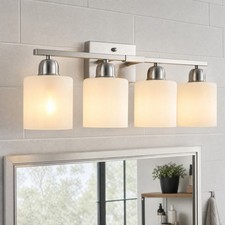 25'' Nickel Vanity 4 Light Milk Glass Shade Bathroom Mirror Wall Sconce Fixture