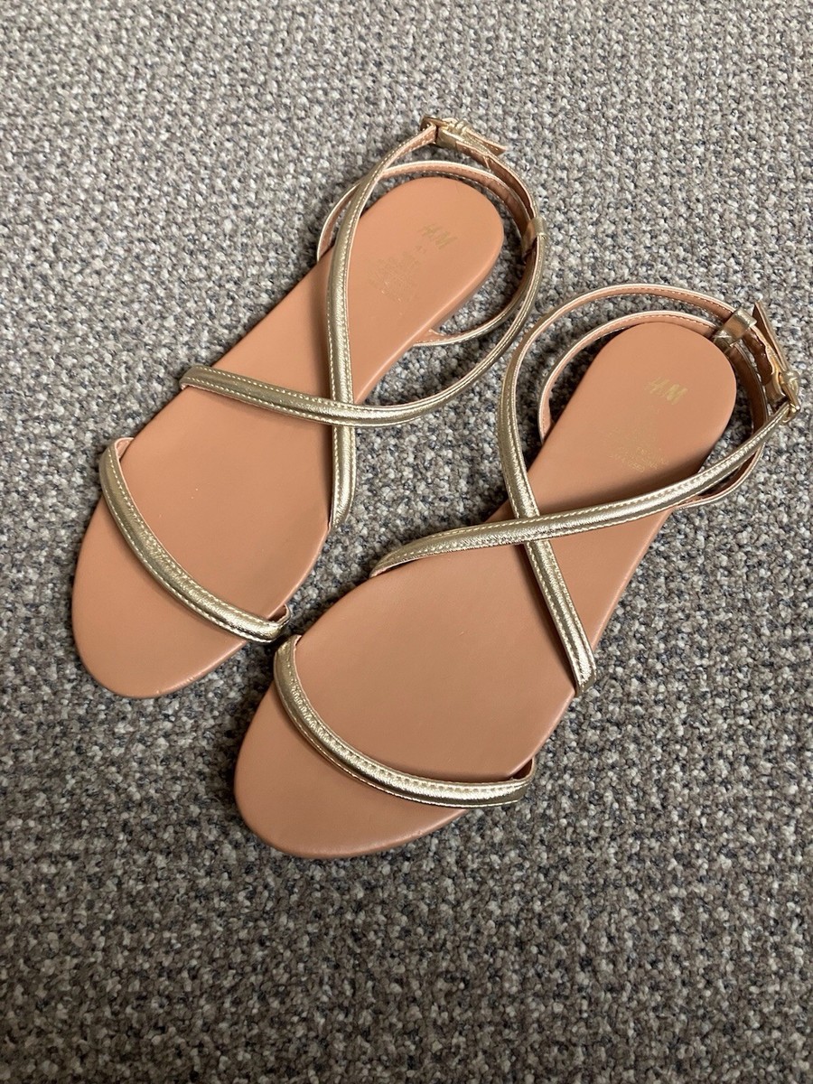 New Ladies Size 7, 41, H&M Gold Flat Strappy Sandals, New Without