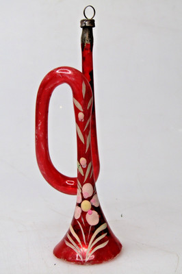 Vintage Glass French HORN Trombone Flower Pictured Christmas Ornament Germany