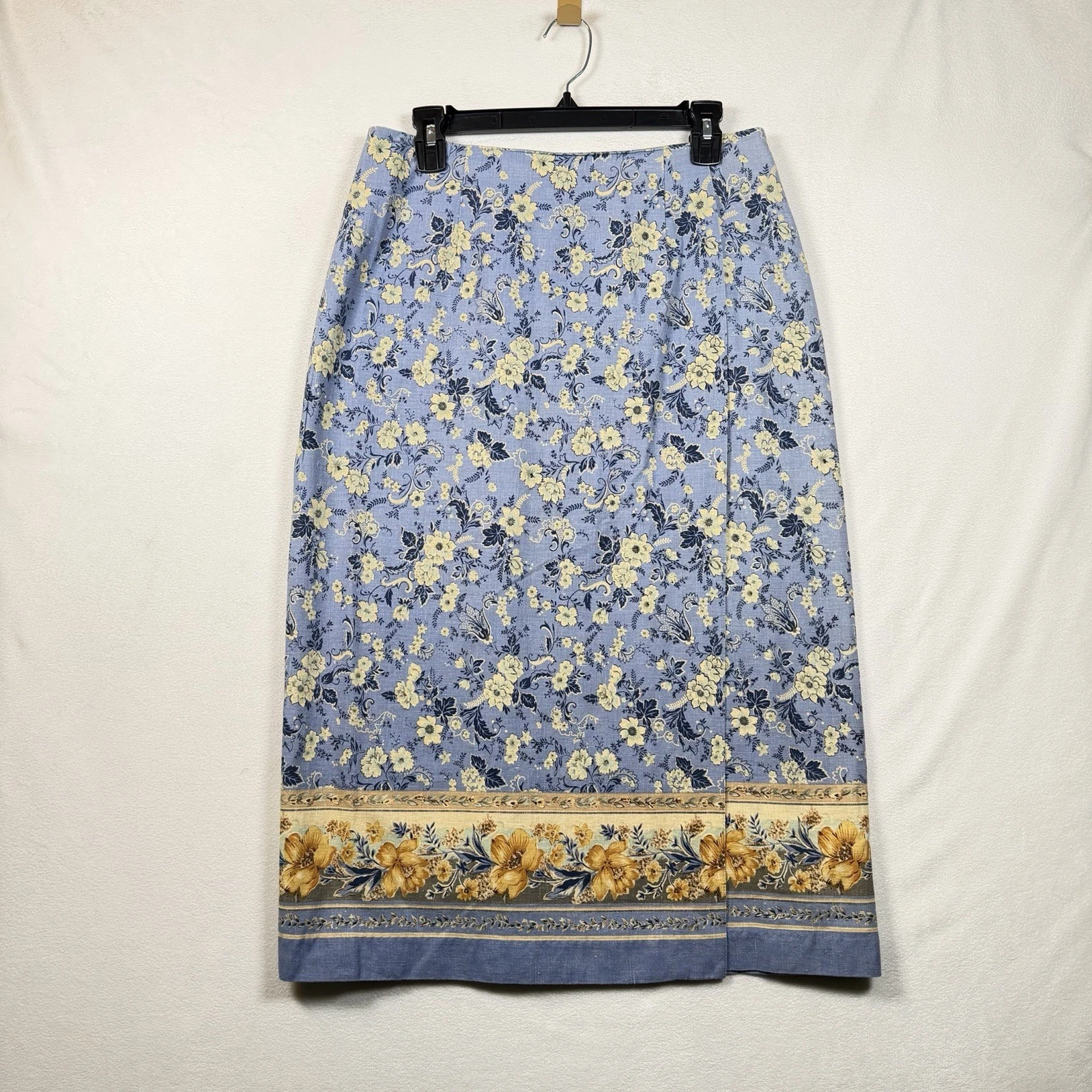 Talbots Petites Floral Linen Cotton Midi Skirt 14P Blue Yellow Border Print