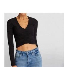 Good American Black V-Neck Ruched Gathered Long Sleeve Tee Size 1/Small 