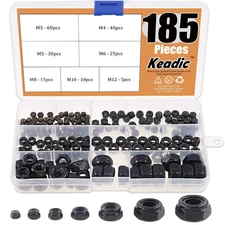 185Pcs Locknuts Black, Nylon Insert Hex Locknuts, M3 M4 M5 M6 M8 M10 M12 Standar