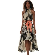 Eliza J Floral Maxi Dress sz 6 Brown Beige Chiffon Halter Wedding Formal Fairy