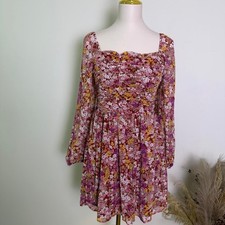 Crystal Doll Medium Floral Ruched Long Sleeve Mini Dress