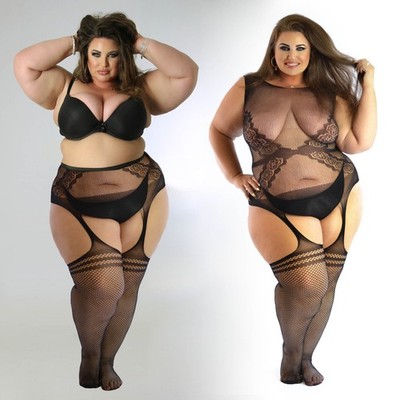 BBW Übergröße 14-36 Netzstrumpfhose Strümpfe ouvert Mock Strapshalter, Body