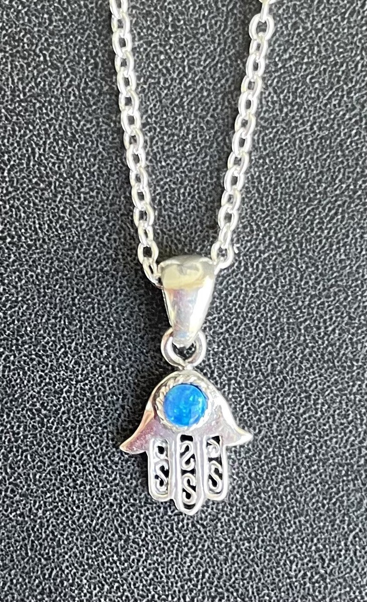 Hamsa Hand Blue Lab Opal Stone Pendant Necklace 925 Sterling Silver  Protection