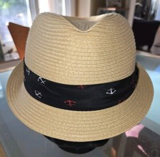 New HBY Miami Size Small Beige Toyo Straw Fedora Hat with Anchors Band