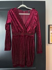Windsor Dress Size S Velvet Hearts Burnout Sheer Bodycon Sheath Black Burgundy