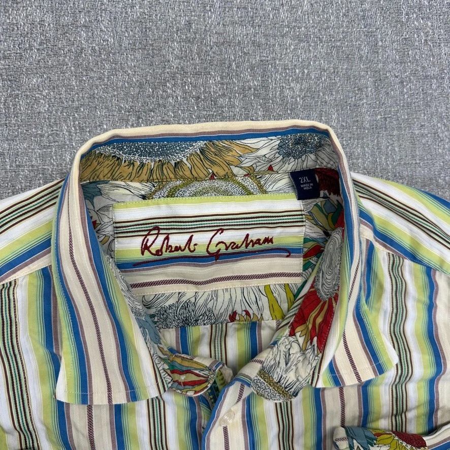 Camisa Robert Graham Botón Hombres 2XL Rayas Bordada Manga Larga Floral Color Foto 3 de 4