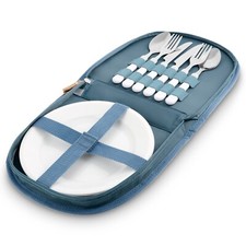 Camping Picnic Cutlery Set 2 Plates Cutlery Compact Portable Case Carry Handle