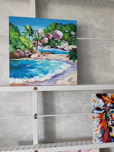 Original oil painting Tropical Laguna beach artwork Ocean Seychelles art 10*10in - Picture 11 of 11