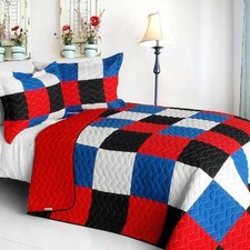 3 PC Delicate Plaid B red blue black white checks vermicelli Queen Quilt Shams