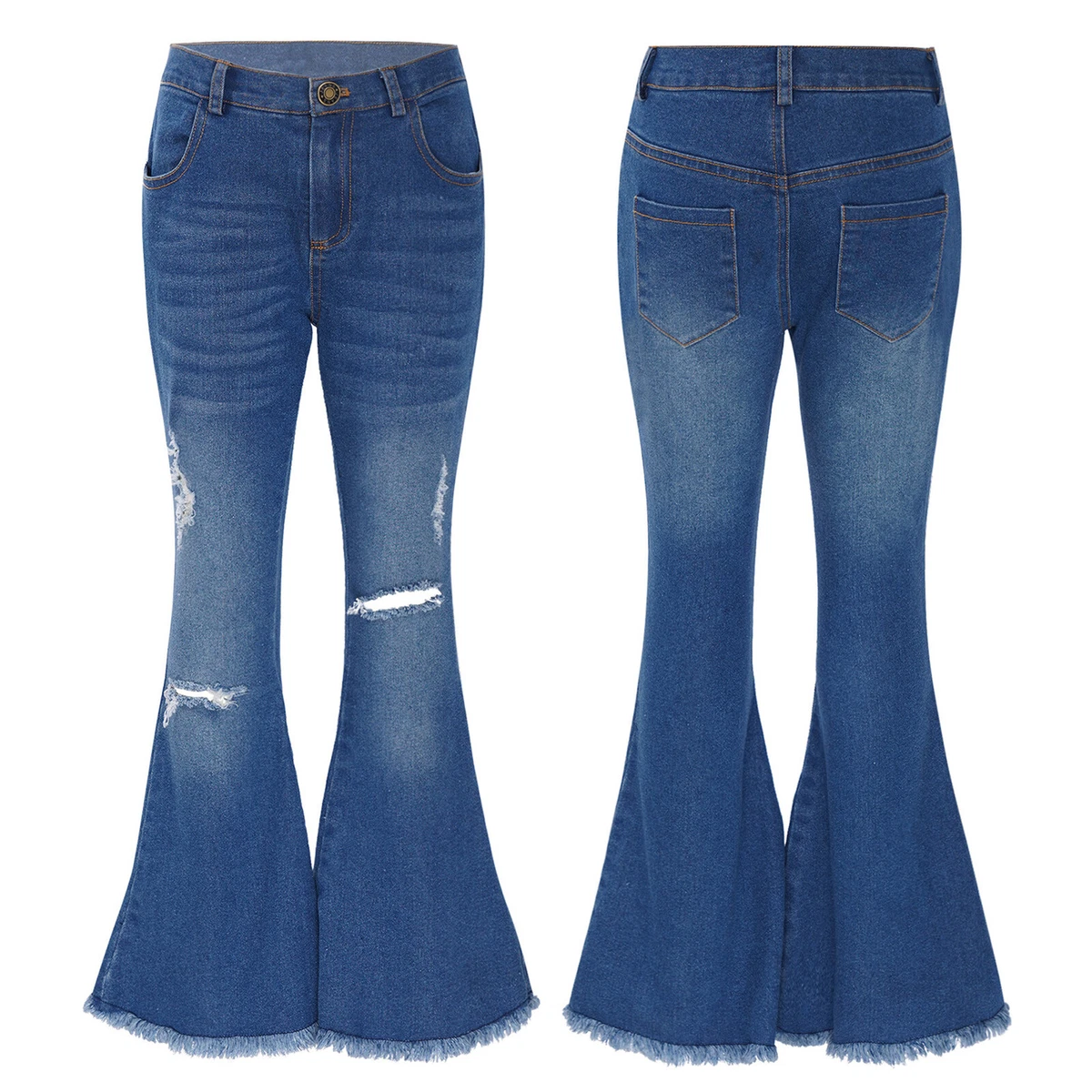 Girls Fashion Ripped Flare Jeans Bell-Bottoms Skinny Denim Pants