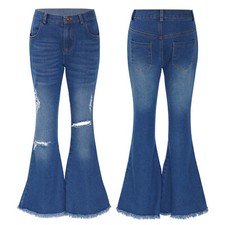 Girls Casual Ripped Denim Pants Flare Jeans Elastic Waist Bell Bottom Long Pants