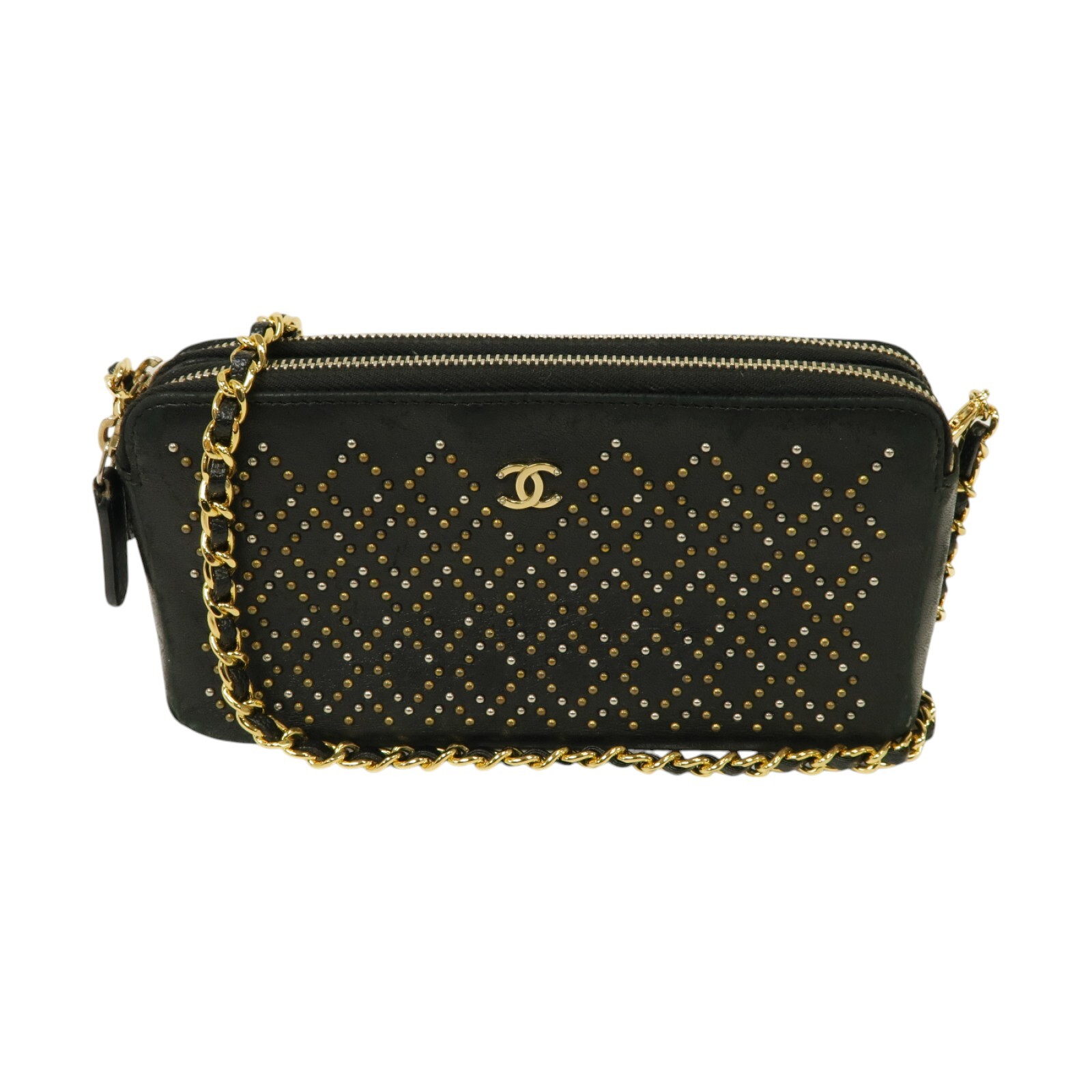 CHANEL Black Calfskin Matelasse Studded Chain Shoulder Bag