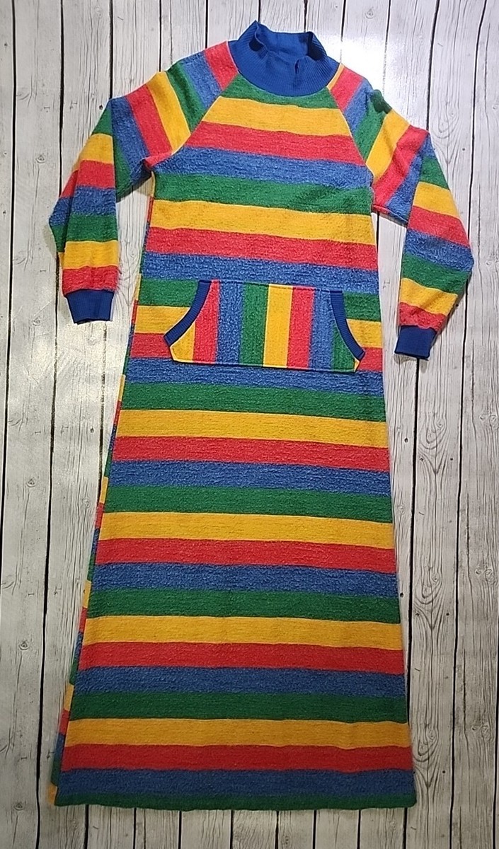 VTG 70s Sears Jr Bazaar Long Fleece Gown Dress Size S Rainbow