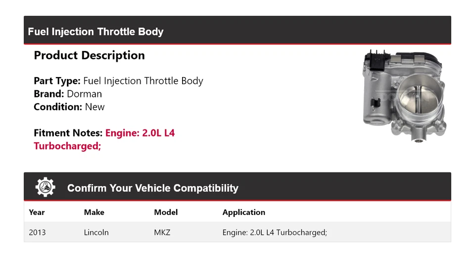 Cuerpo de acelerador de inyección de combustible Dorman turboalimentado 2,0 L L L4 para Lincoln MKZ 2013 Foto 2 de 4
