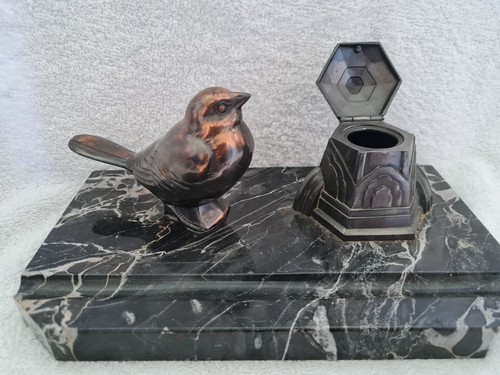 ART DECO 1930'S FRENCH BRONZE WREN INKWELL WITH MARBLE BASED DESK TIDY VGC - Picture 2 of 12