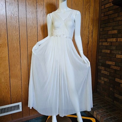 Vtg 50s Grecian Goddess Nylon Crystal Pleats Lace Pinup Full Nightgown Dress M