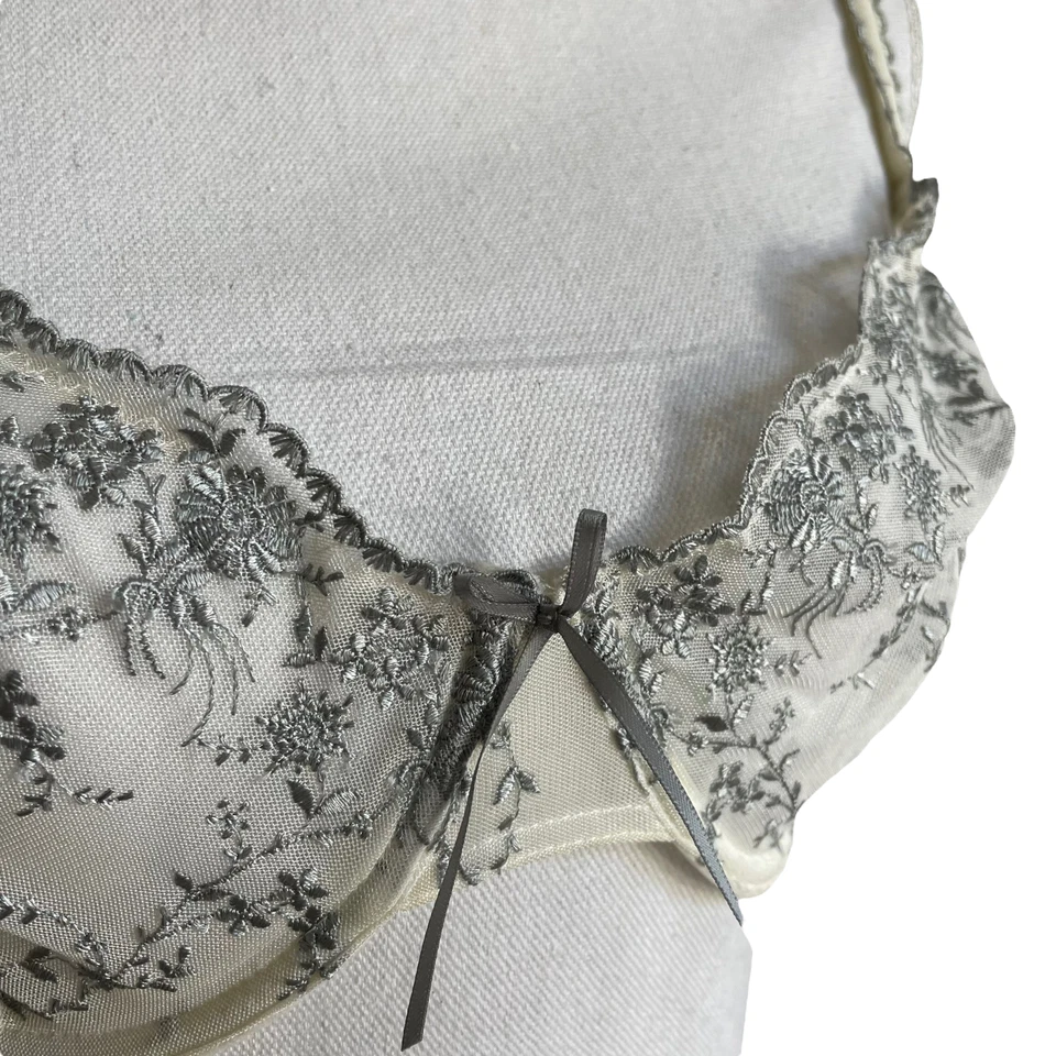 Sujetador Floral Bordado 34DD Malla Encaje Boho Pizarra Gris Crema Con Aros Apt 9 Foto 2 de 4