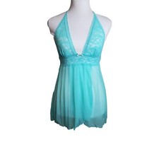 VICTORIA'S SECRET The Lacie Aqua Lace Babydoll Lingerie Small Bow Halter Neck