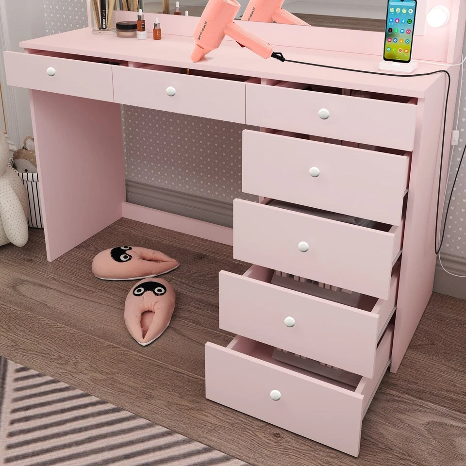 Modern Vanity Dressing Table, Mirror, Light Bulbs, 7 Drawers, Basic Knobs, Pink - Image 4 of 4