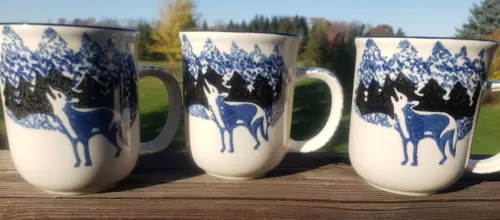 3 Tienshan Coffee Cup Folk Craft Wolf Sponge Ware Stoneware Tea Mug Coyote VTG