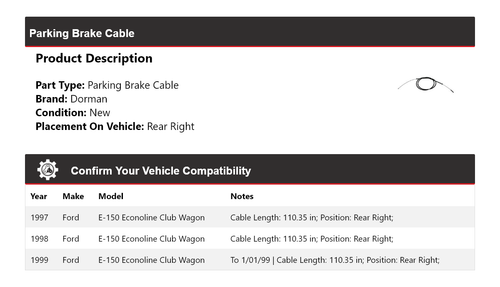 For 1997-1999 Ford E-150 Econoline Club Wagon Dorman Parking Brake Cable 1998 - Picture 2 of 4