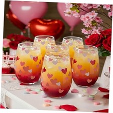  6 Pcs Valentine Stemless Wine Glass Set 18 oz Heart Wine Glasses Romantic