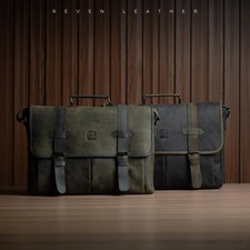 RVN Helsinki Full Grain Leather Laptop Bag 15” Crazy Horse Briefcase Men